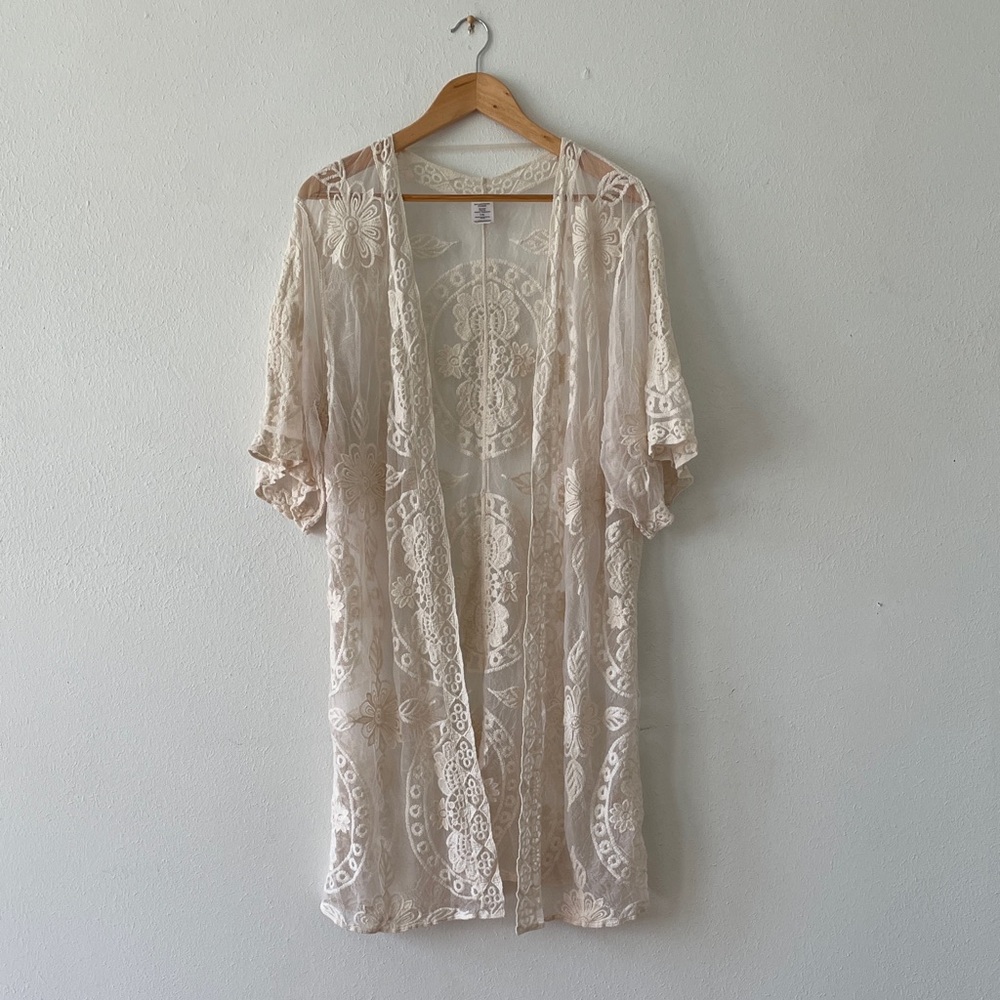 Crochet Sheer Lace Cardigan Open Front Longline Cover Up Beach Coastal Grandma